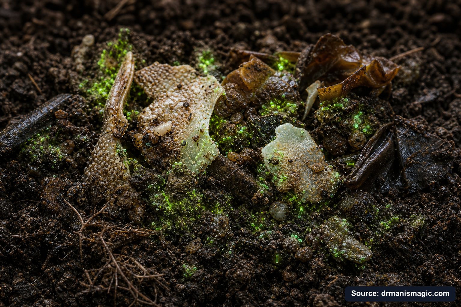 Organic fertilizer feeding soil microbes around plant roots
