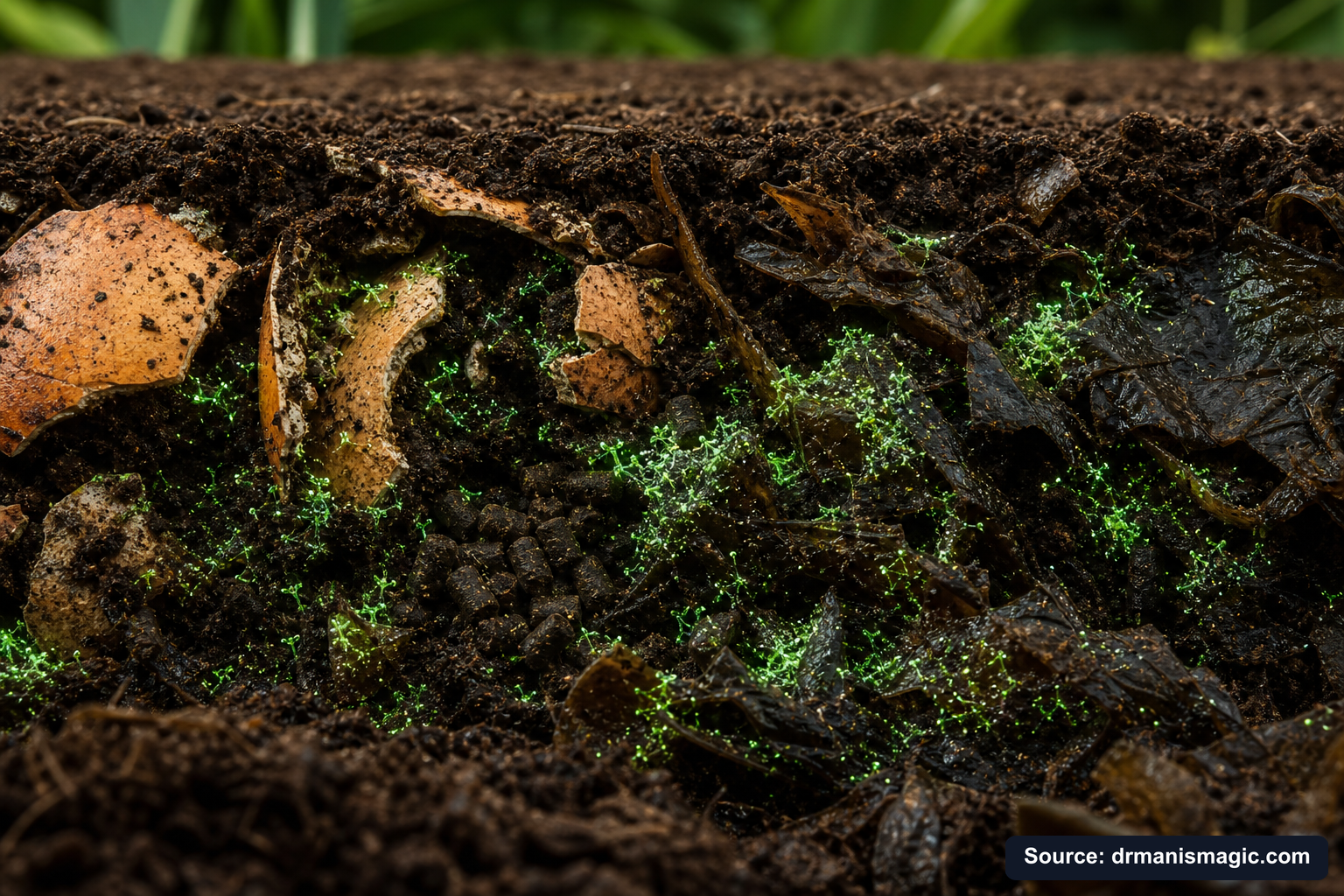 Organic fertilizer feeding soil microbes around plant roots