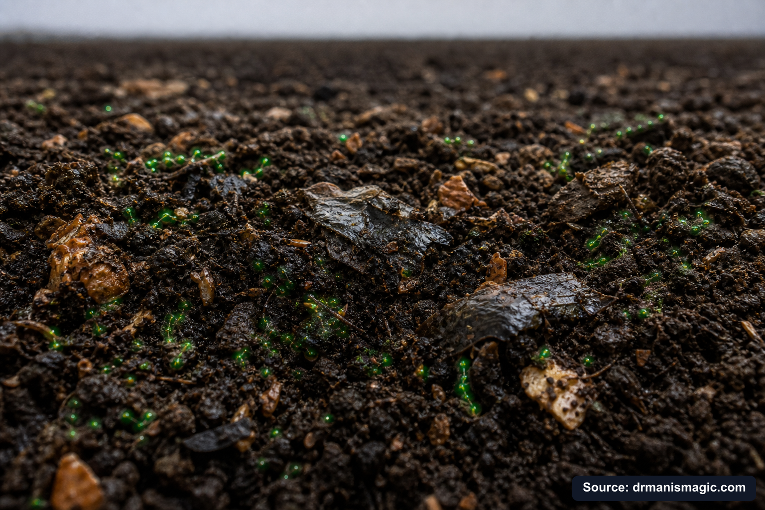 Organic fertilizer feeding soil microbes around plant roots