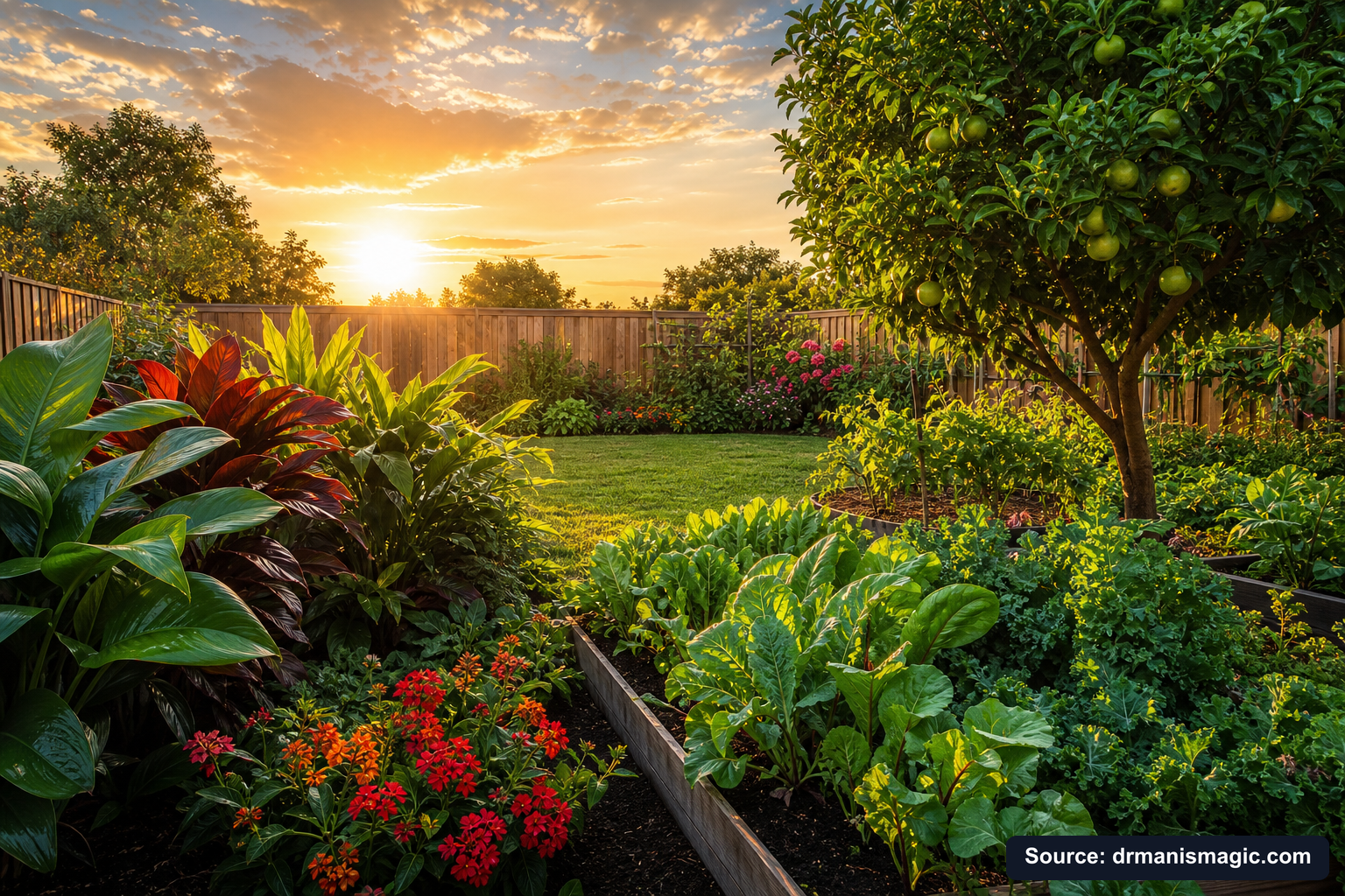 Healthy, well-fed garden plants thriving in golden light