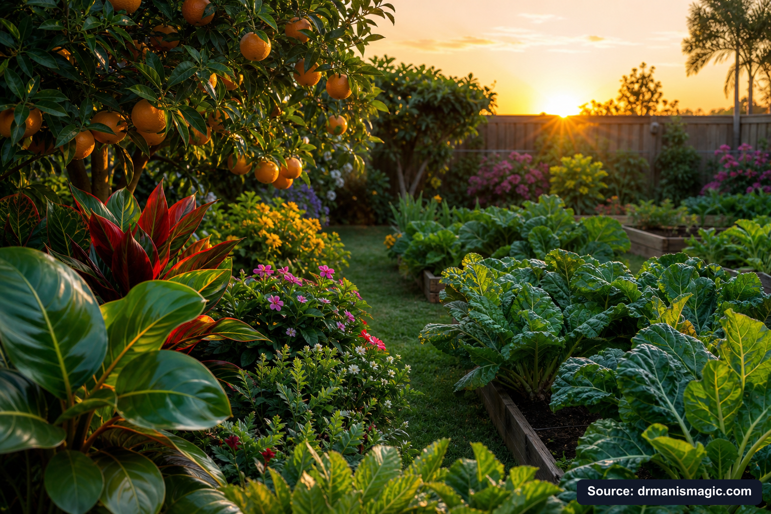 Healthy, well-fed garden plants thriving in golden light
