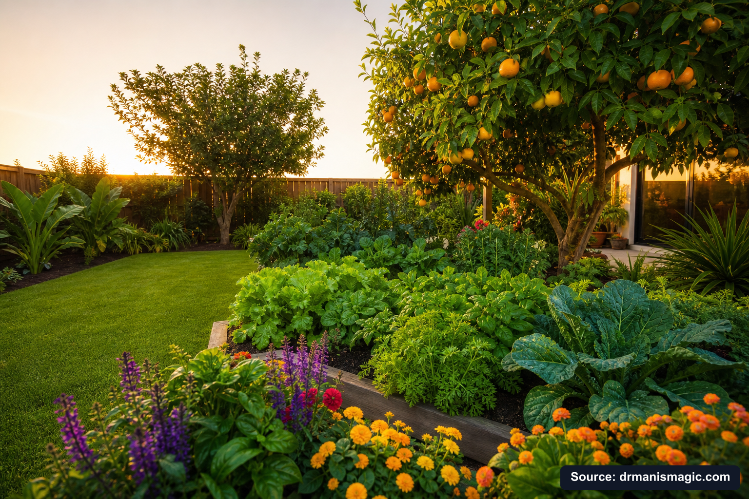Healthy, well-fed garden plants thriving in golden light