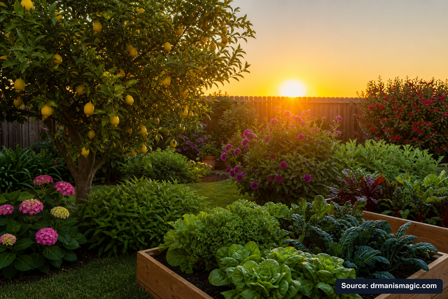 Healthy, well-fed garden plants thriving in golden light