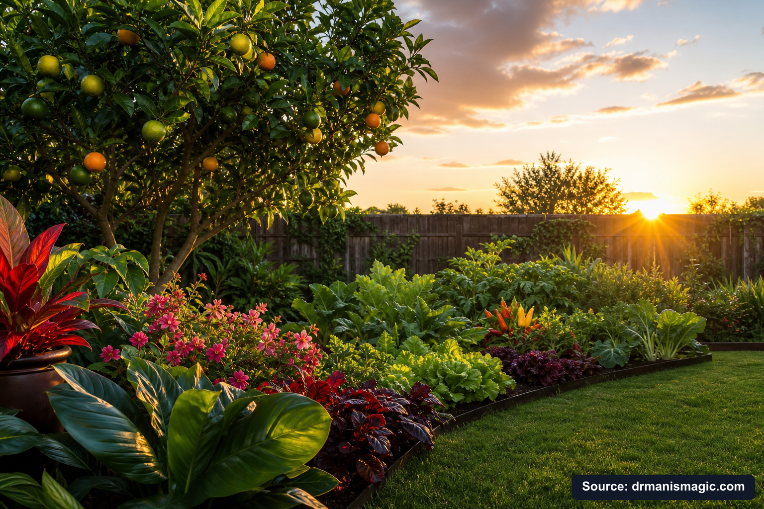 Healthy, well-fed garden plants thriving in golden light