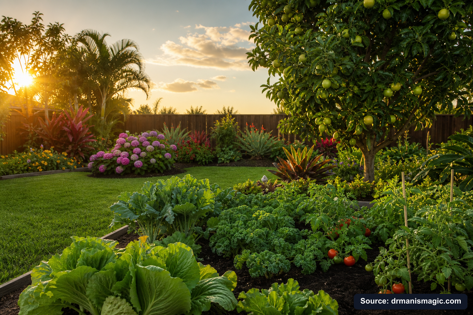 Healthy, well-fed garden plants thriving in golden light