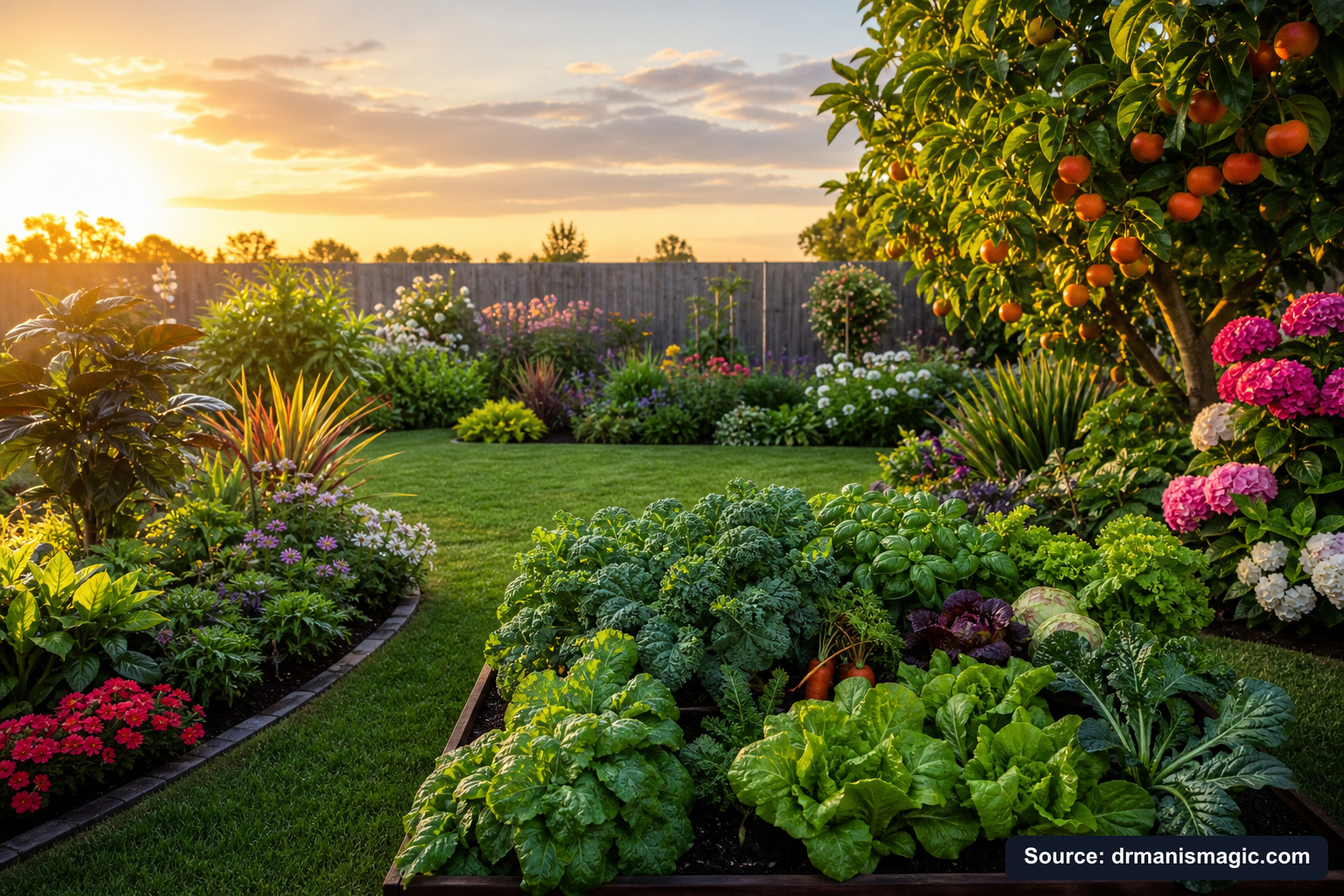 Healthy, well-fed garden plants thriving in golden light