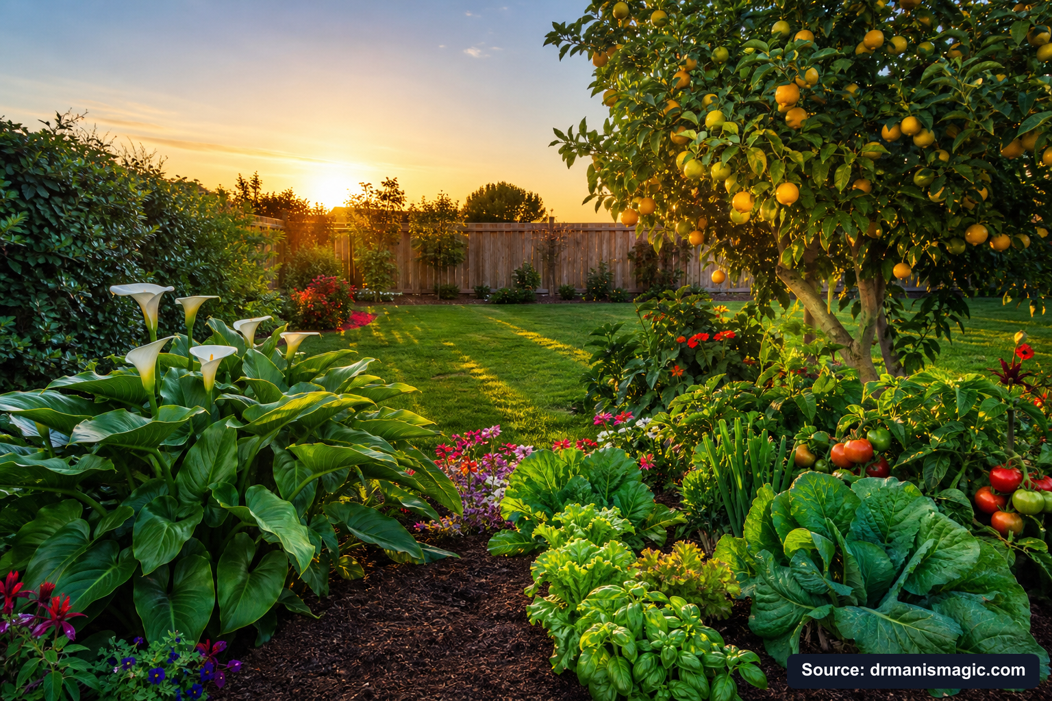 Healthy, well-fed garden plants thriving in golden light