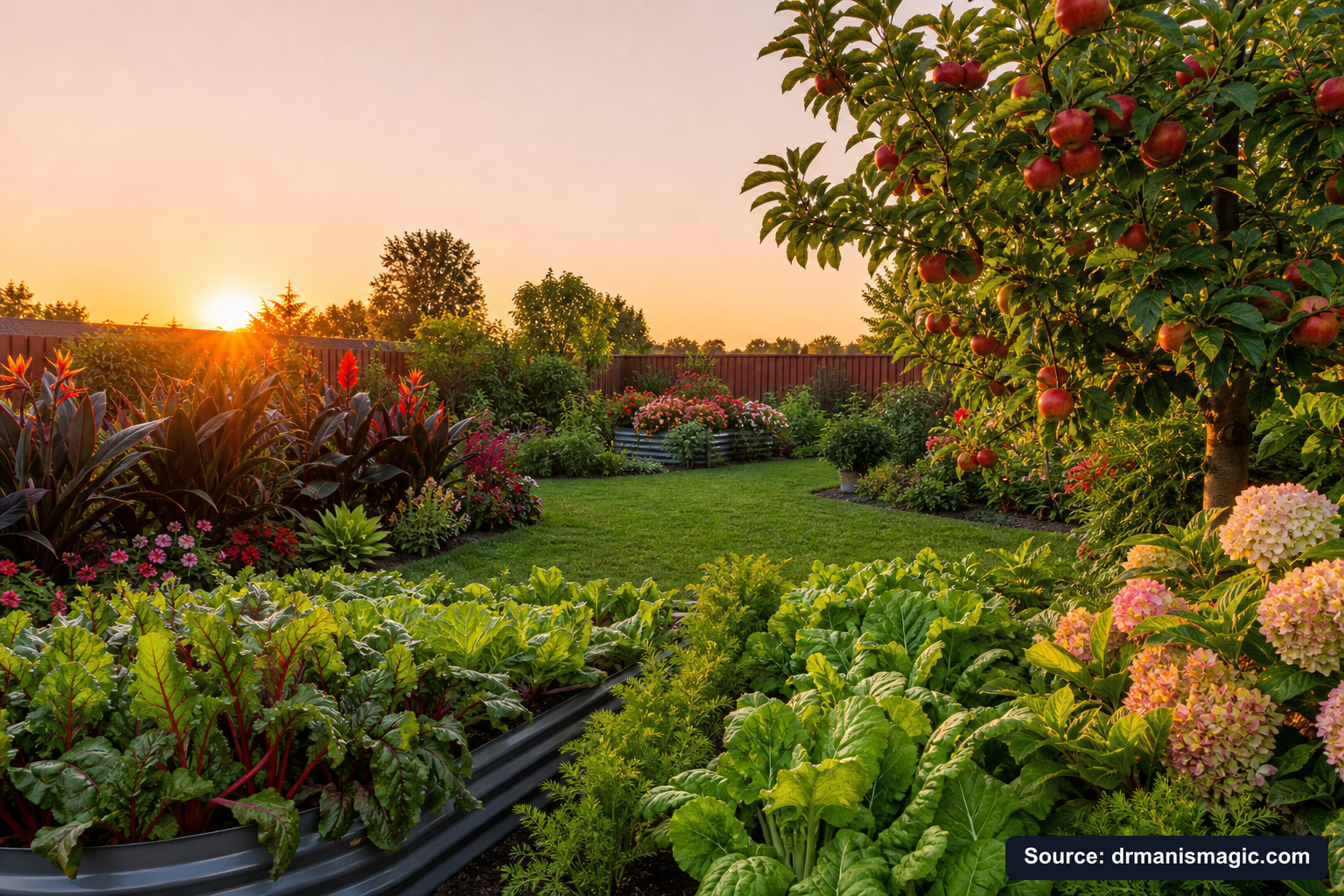 Healthy, well-fed garden plants thriving in golden light