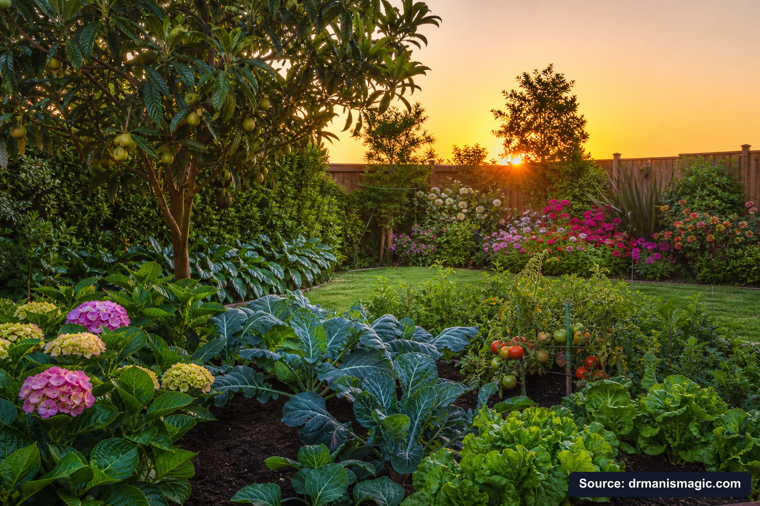 Healthy, well-fed garden plants thriving in golden light