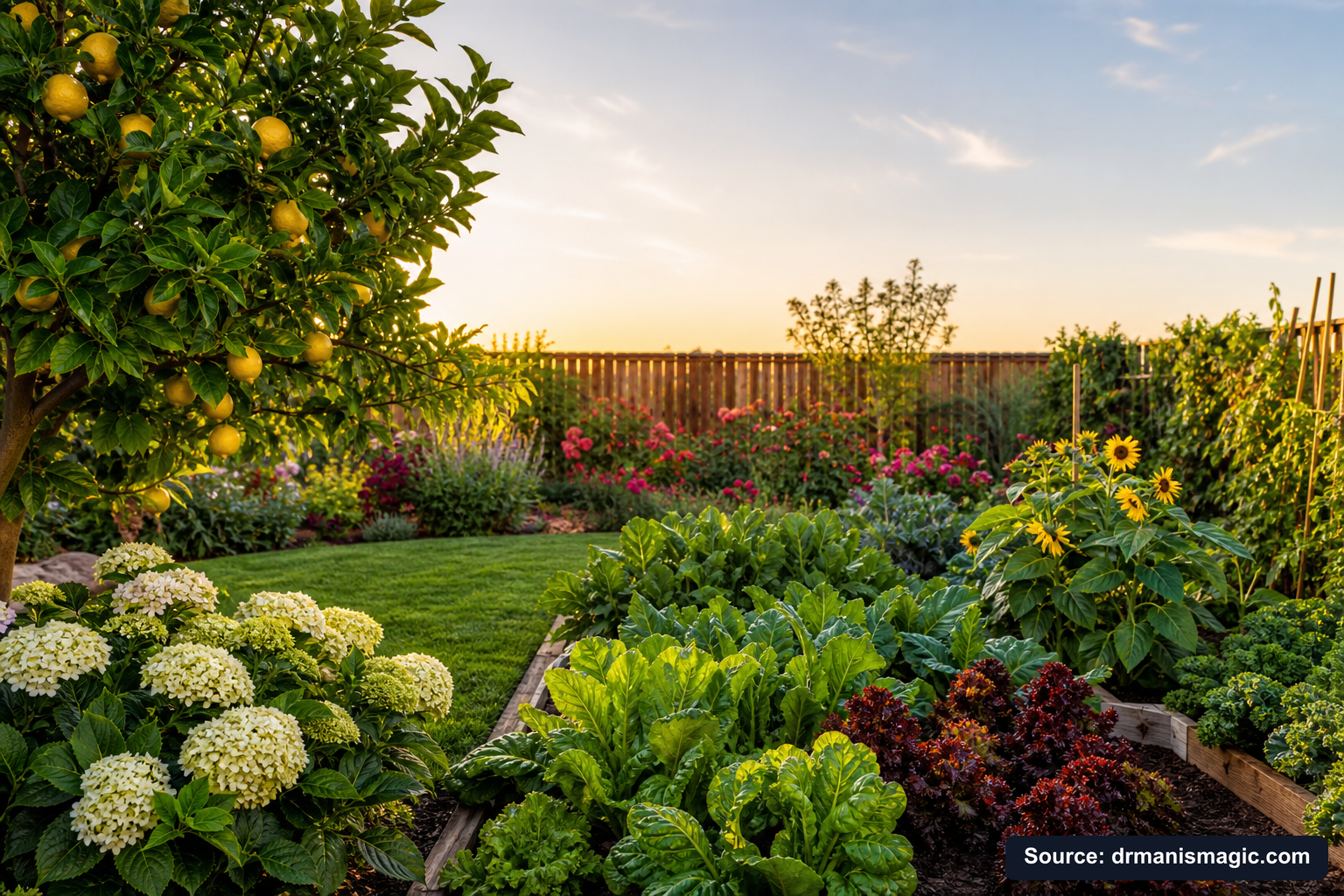 Healthy, well-fed garden plants thriving in golden light