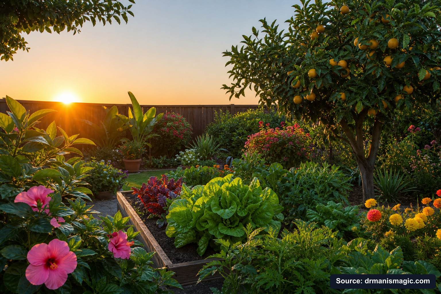 Healthy, well-fed garden plants thriving in golden light