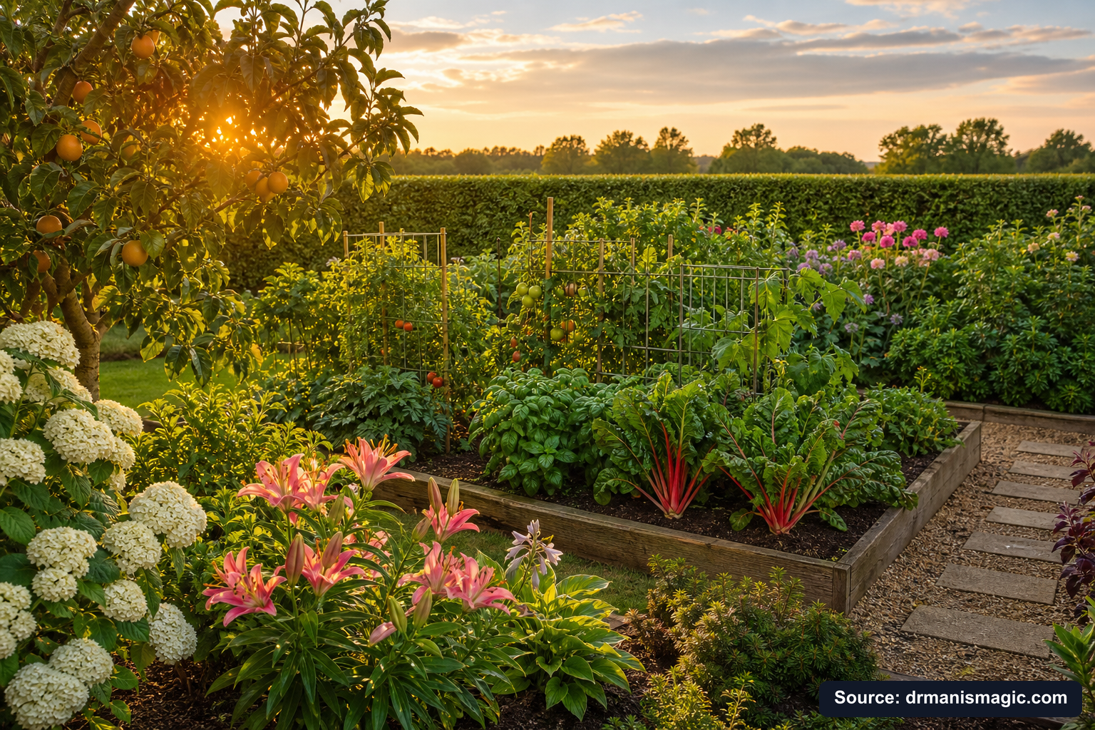 Healthy, well-fed garden plants thriving in golden light