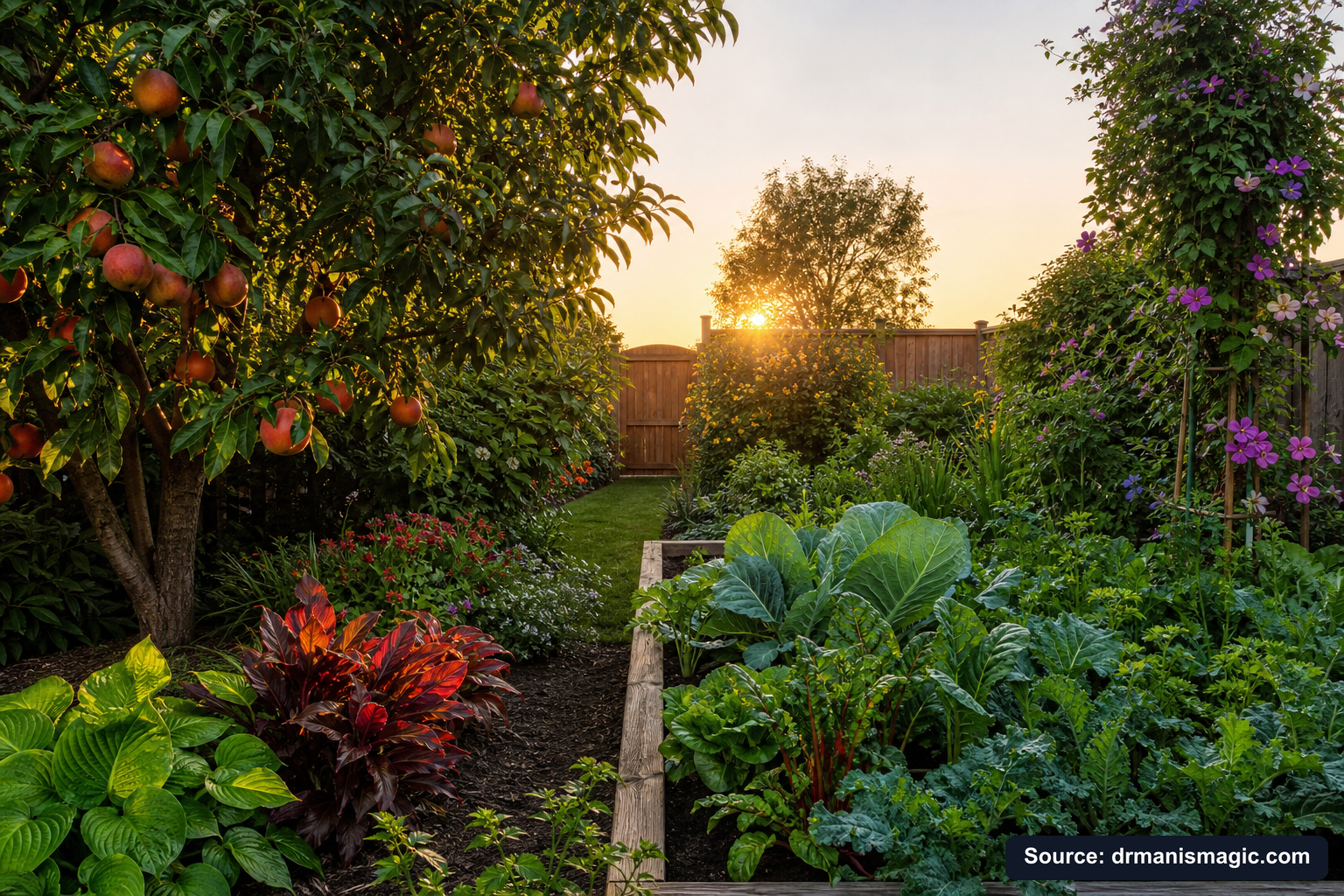 Healthy, well-fed garden plants thriving in golden light