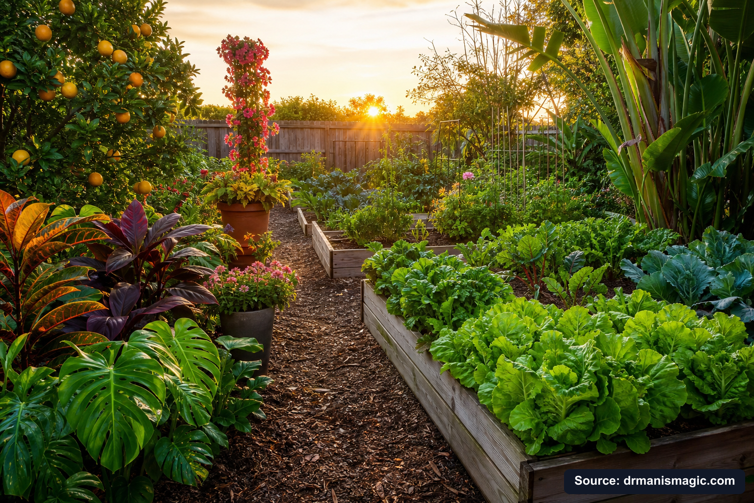 Healthy, well-fed garden plants thriving in golden light