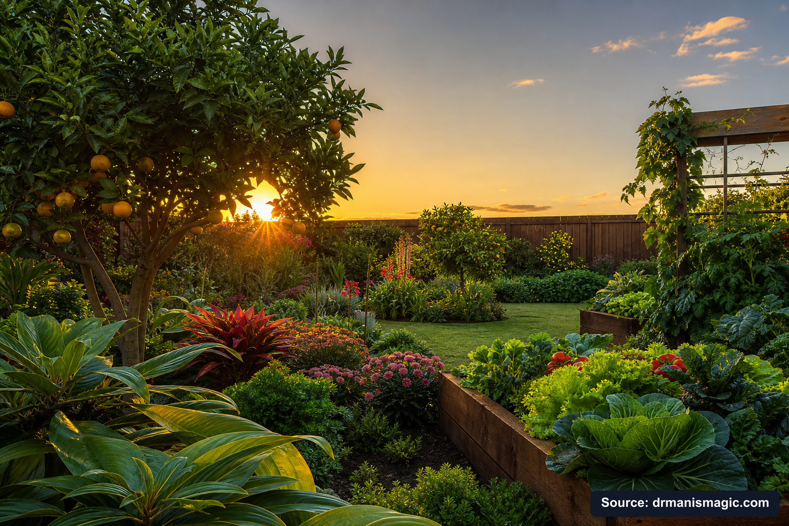 Healthy, well-fed garden plants thriving in golden light
