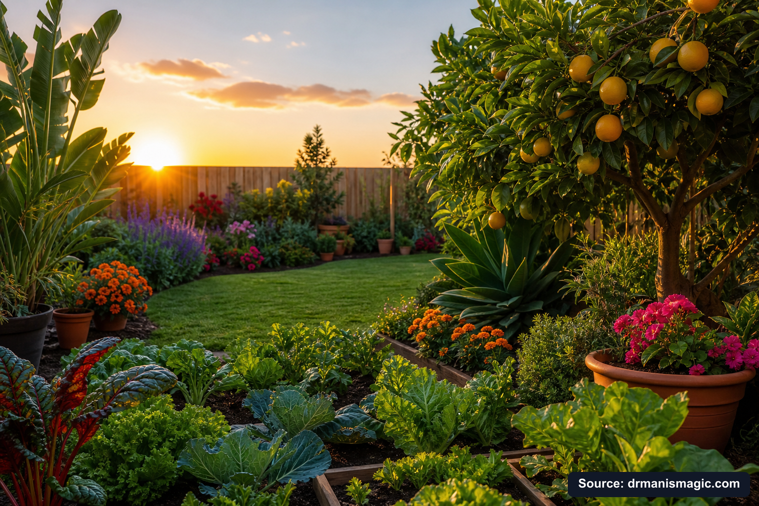 Healthy, well-fed garden plants thriving in golden light