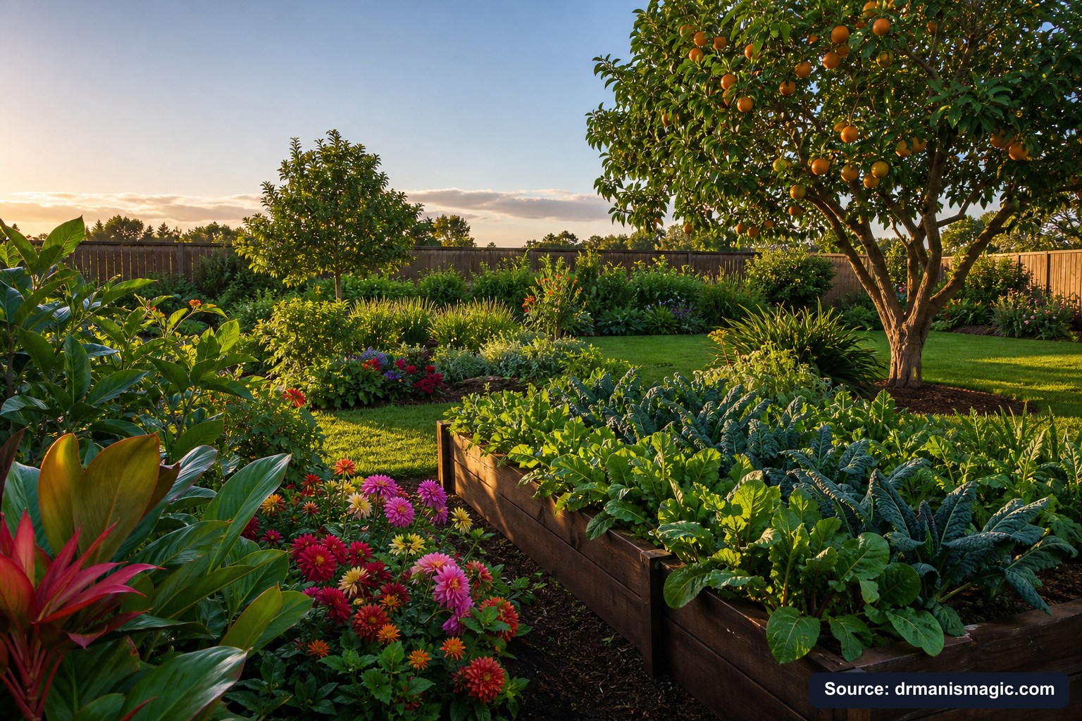 Healthy, well-fed garden plants thriving in golden light