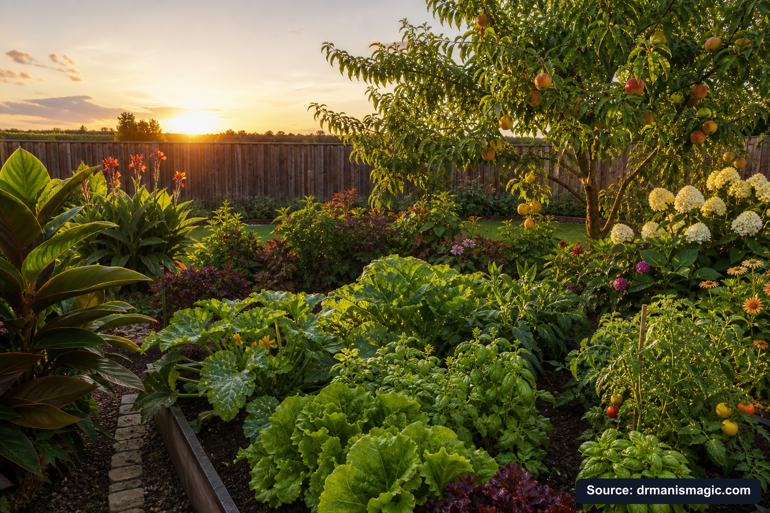 Healthy, well-fed garden plants thriving in golden light
