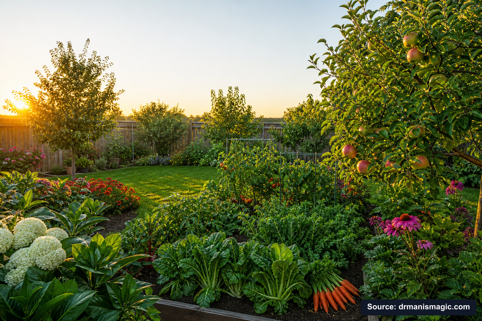 Healthy, well-fed garden plants thriving in golden light
