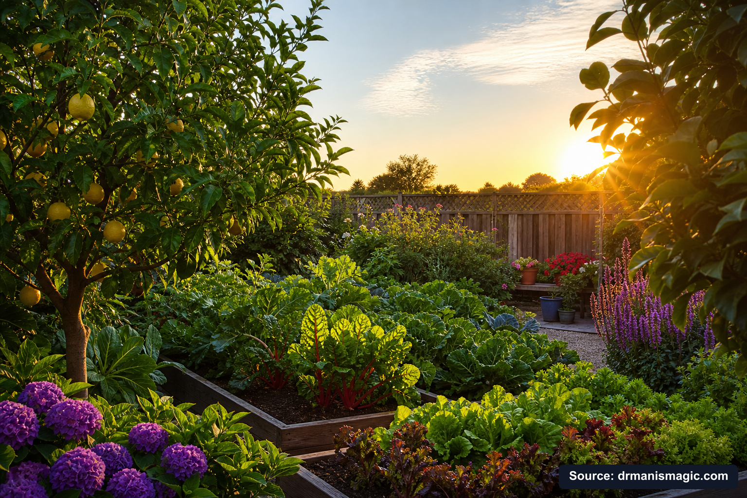 Healthy, well-fed garden plants thriving in golden light
