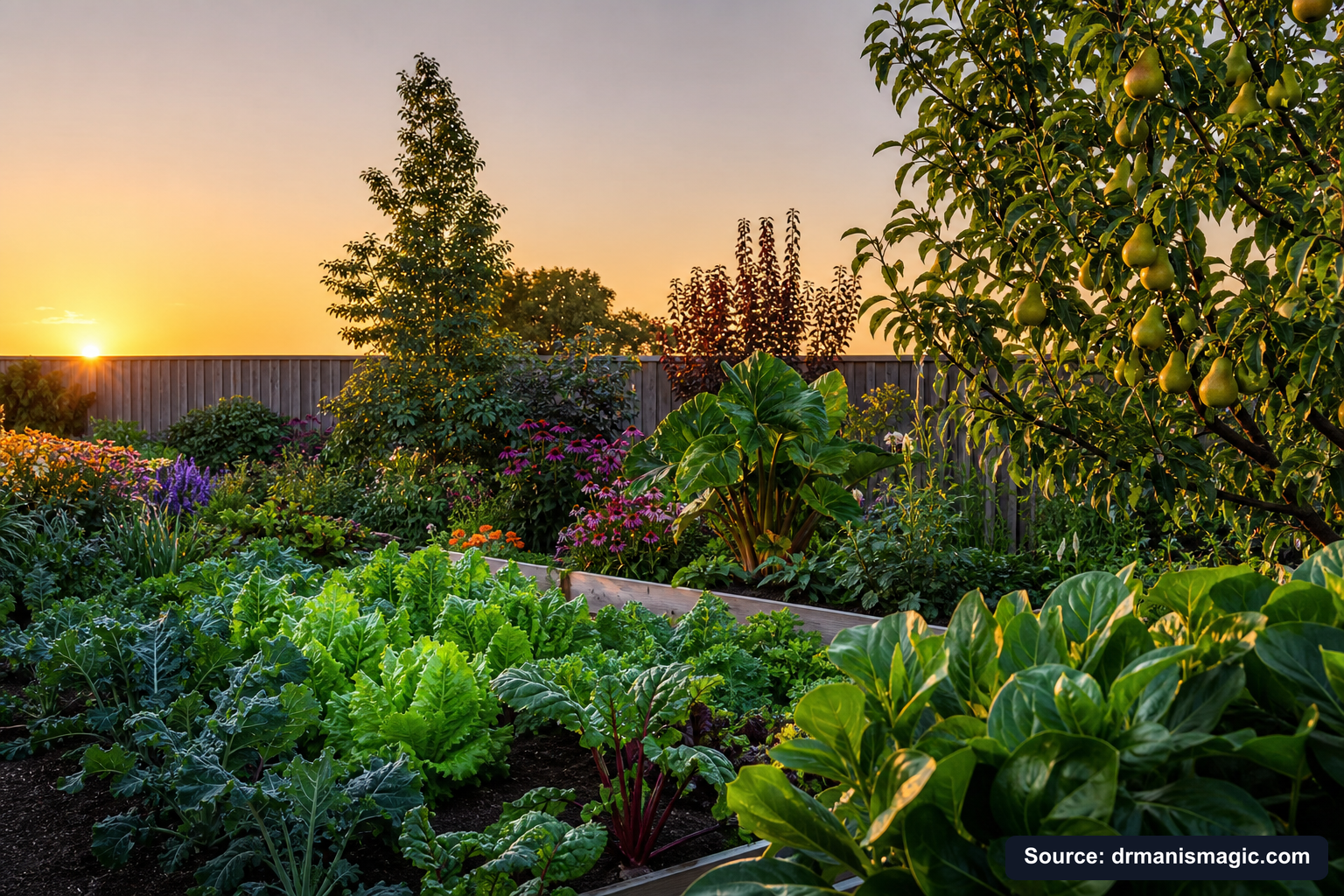 Healthy, well-fed garden plants thriving in golden light