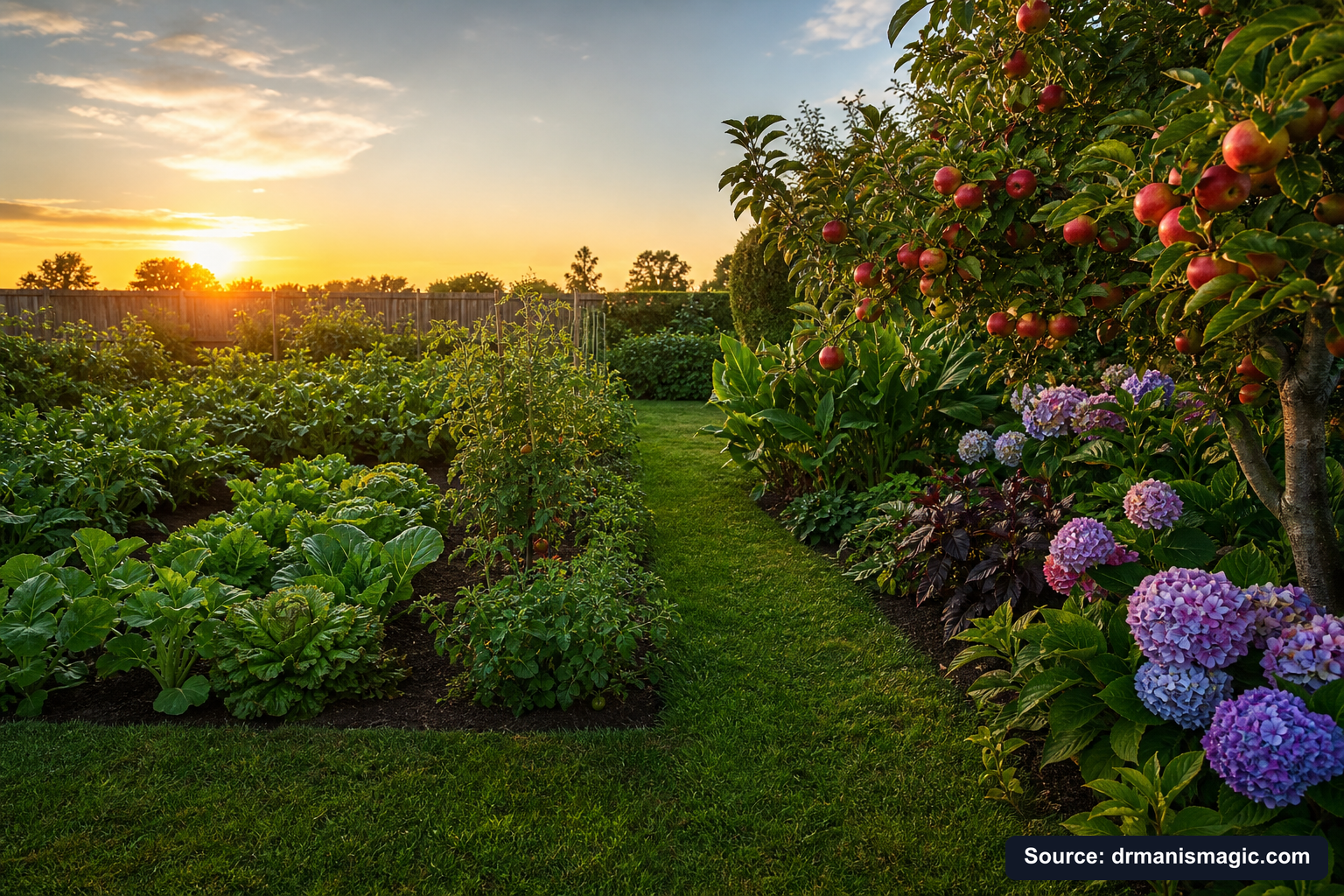 Healthy, well-fed garden plants thriving in golden light