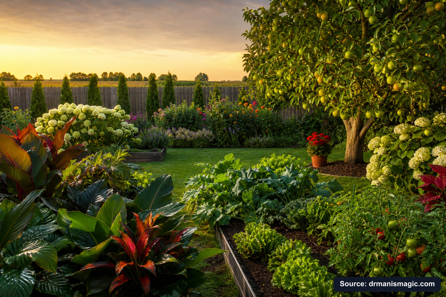 Healthy, well-fed garden plants thriving in golden light