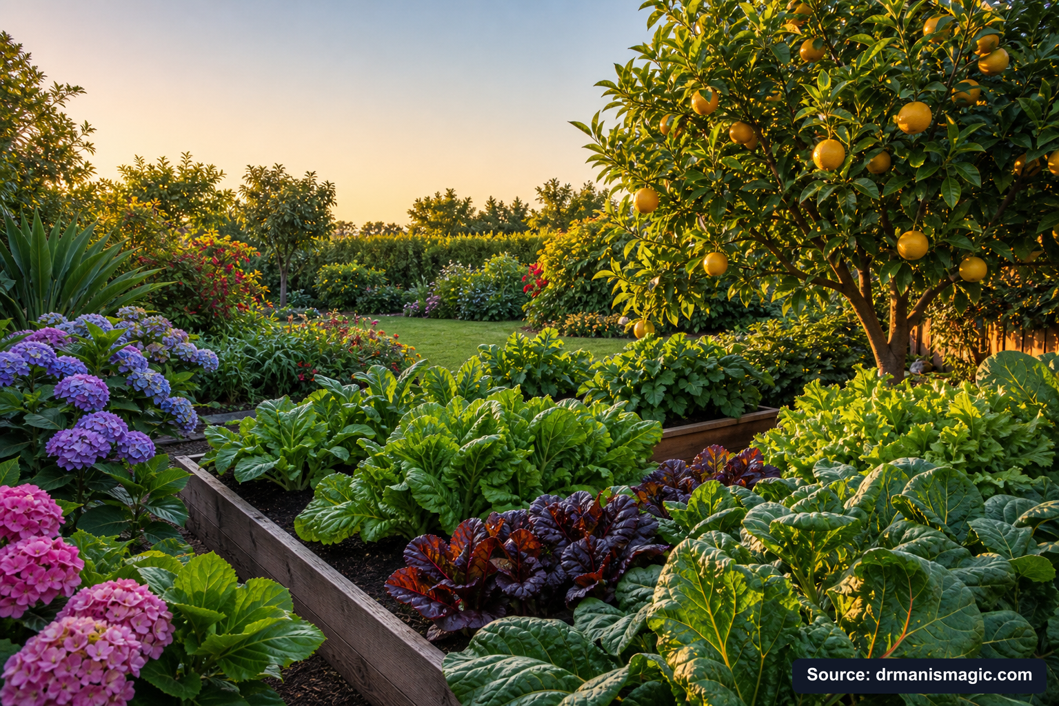 Healthy, well-fed garden plants thriving in golden light