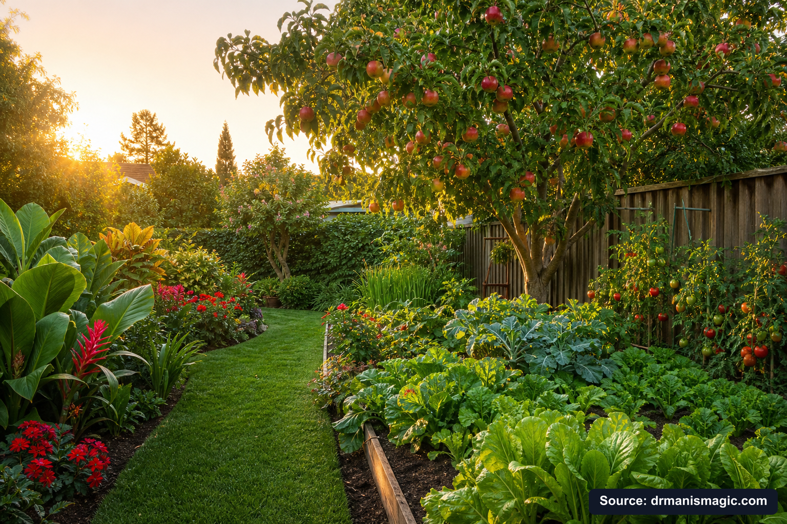 Healthy, well-fed garden plants thriving in golden light