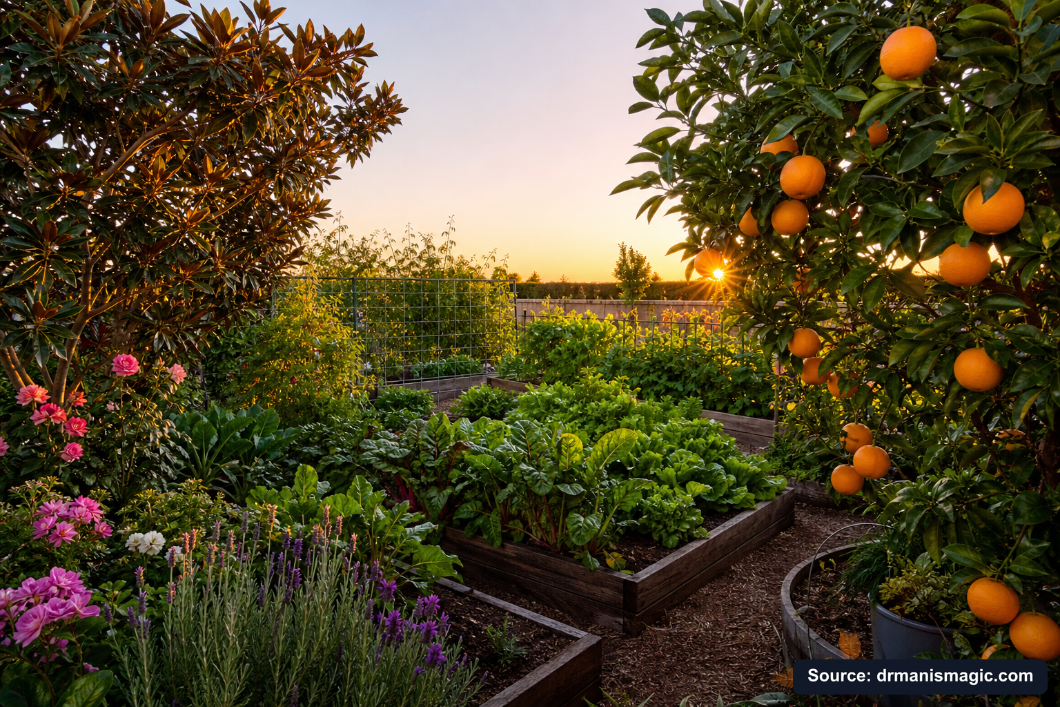 Healthy, well-fed garden plants thriving in golden light