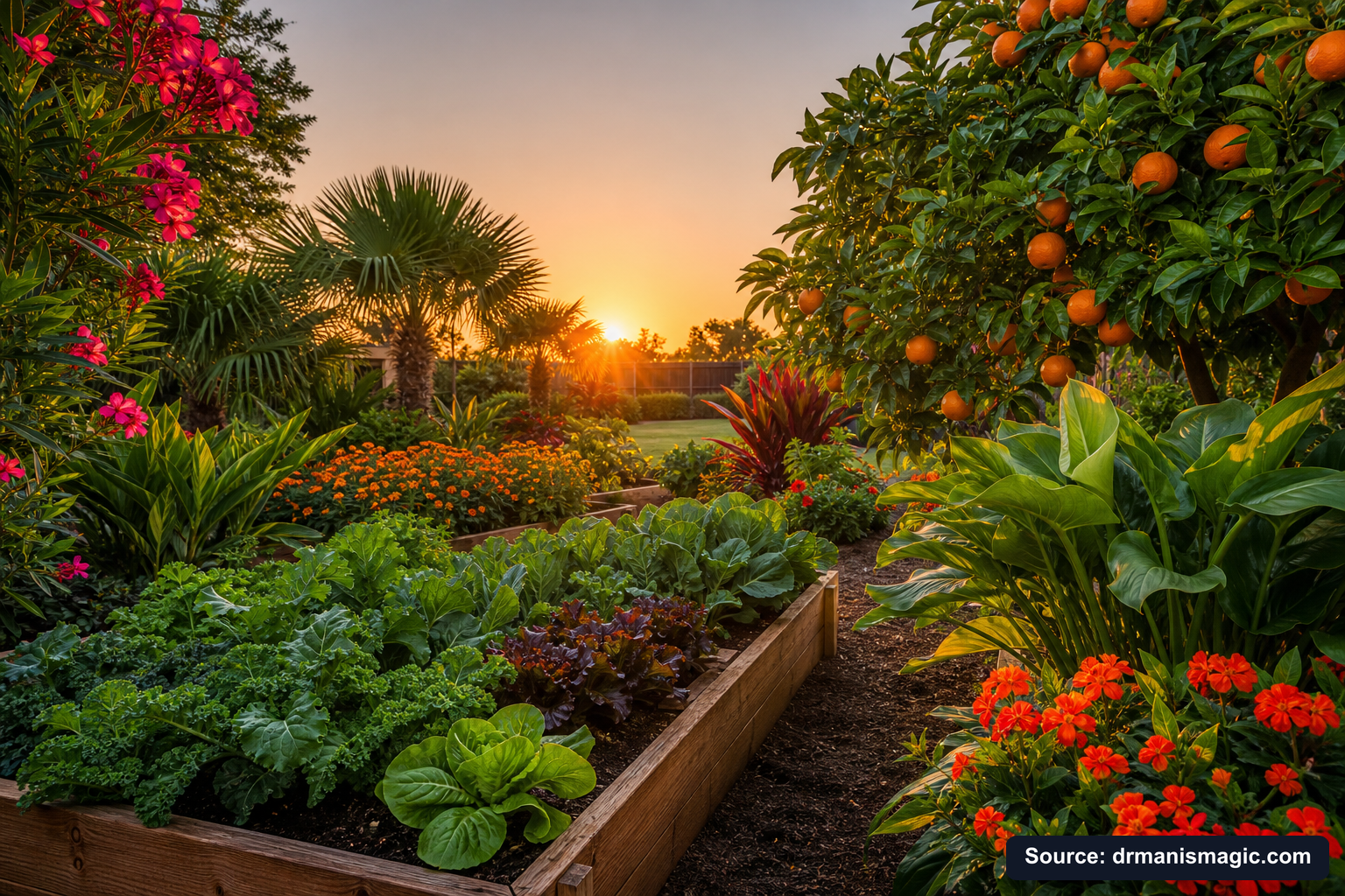 Healthy, well-fed garden plants thriving in golden light