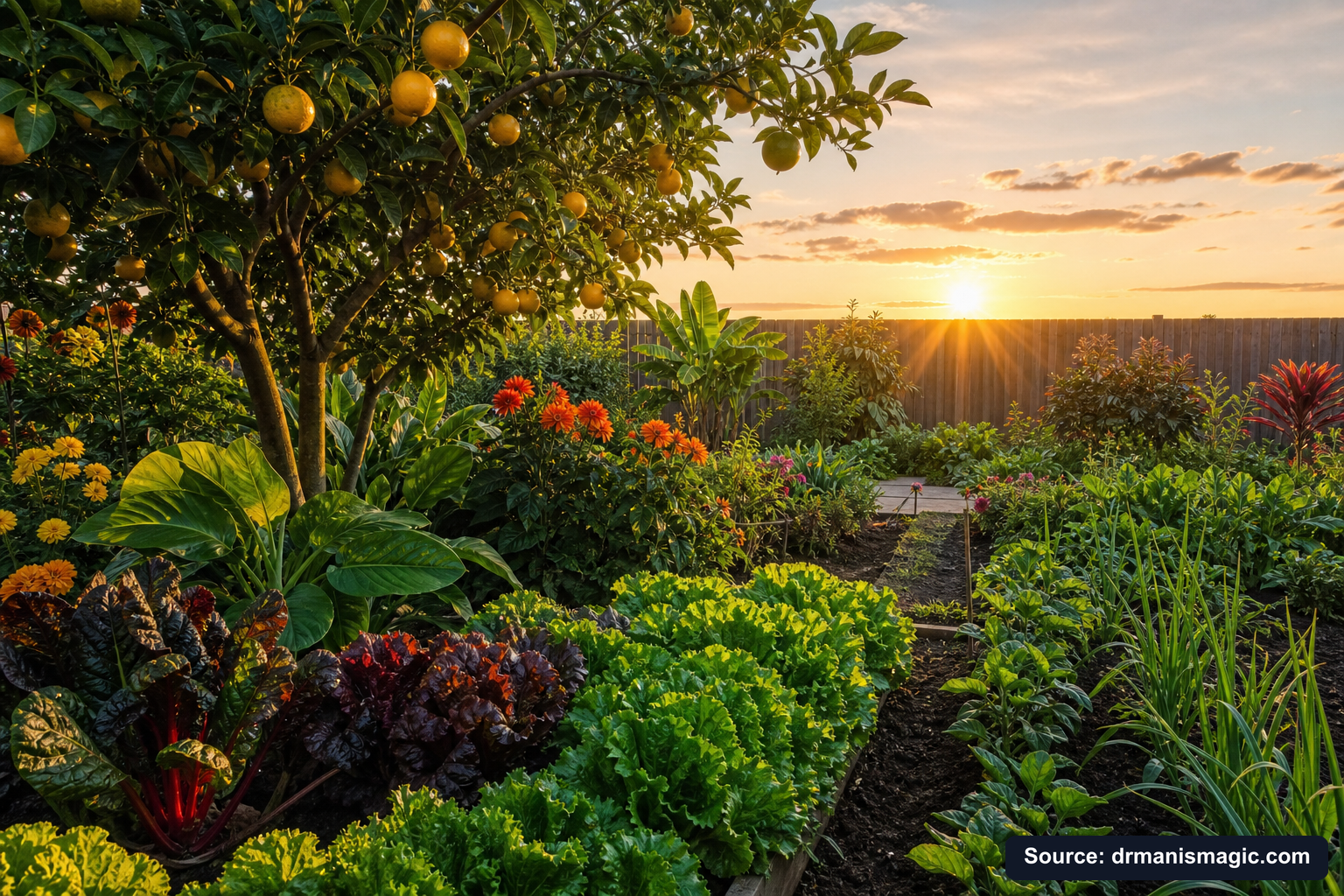 Healthy, well-fed garden plants thriving in golden light