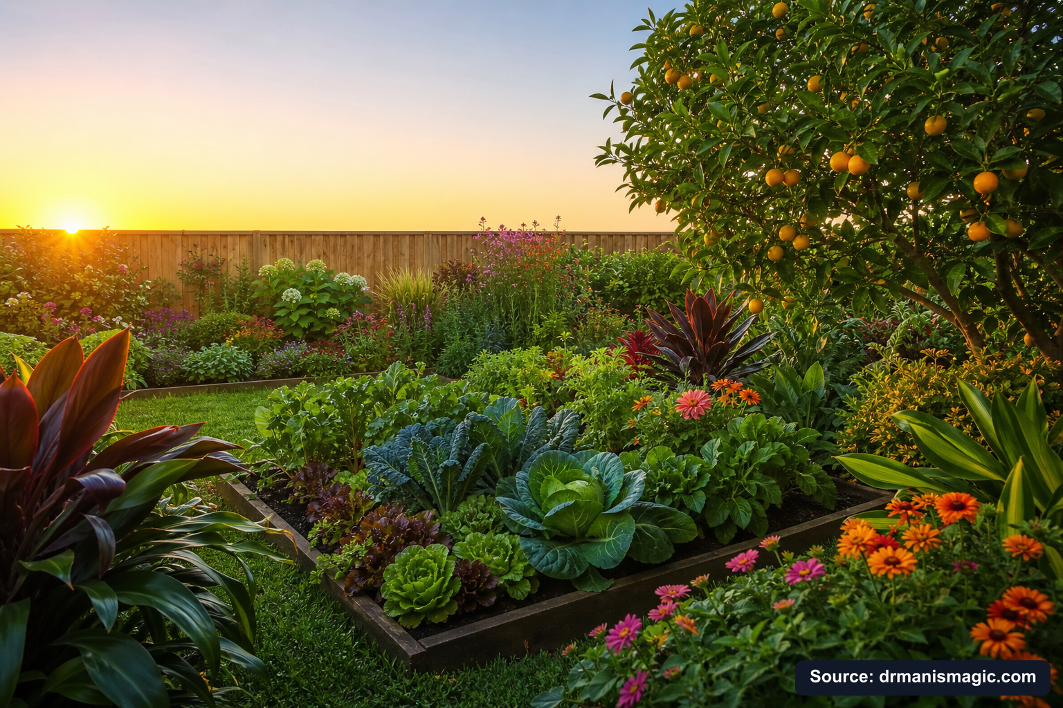 Healthy, well-fed garden plants thriving in golden light