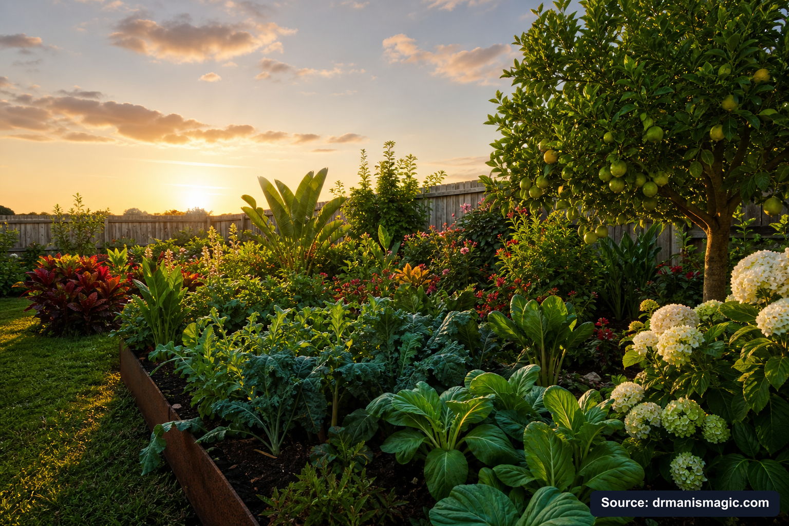 Healthy, well-fed garden plants thriving in golden light