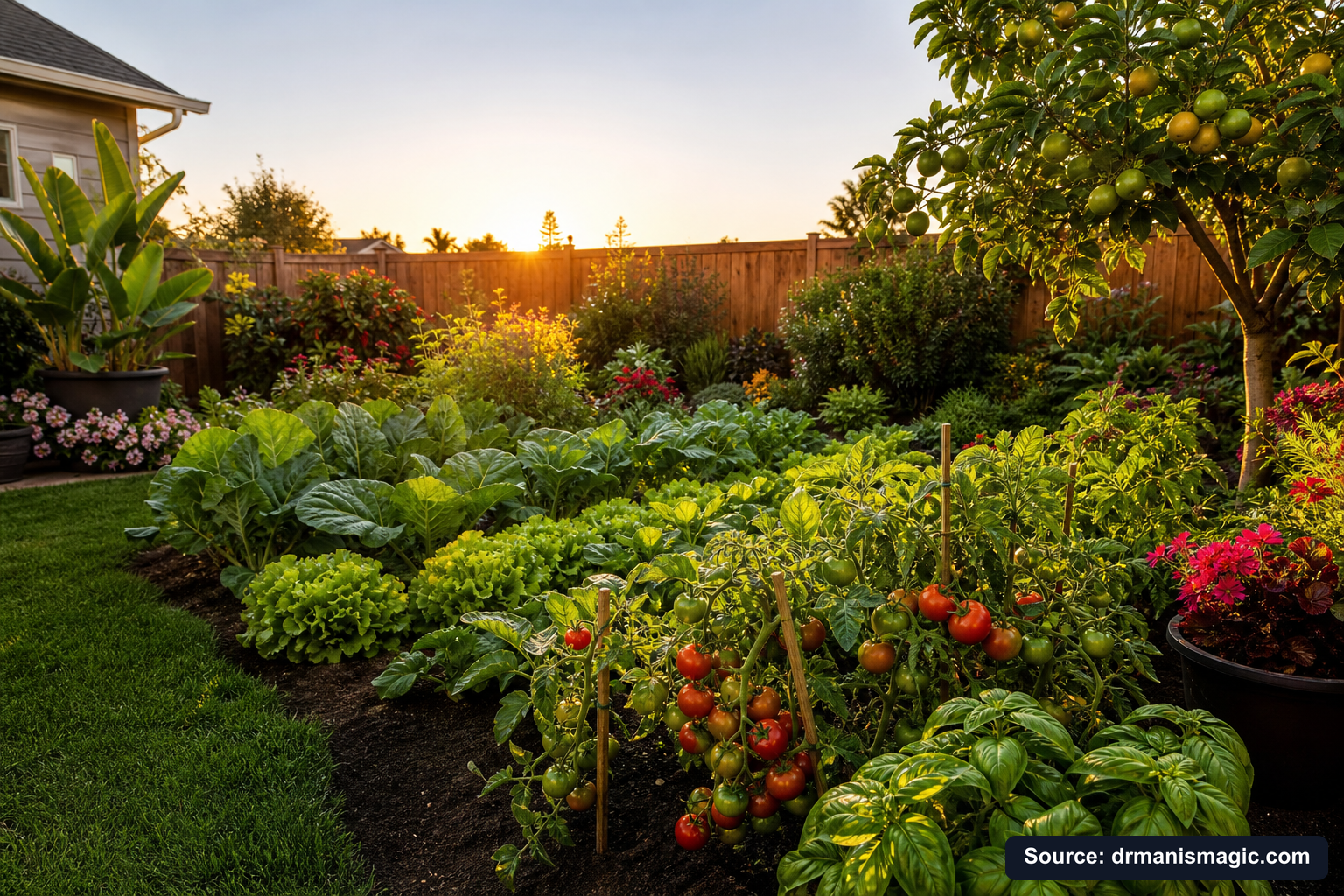 Healthy, well-fed garden plants thriving in golden light