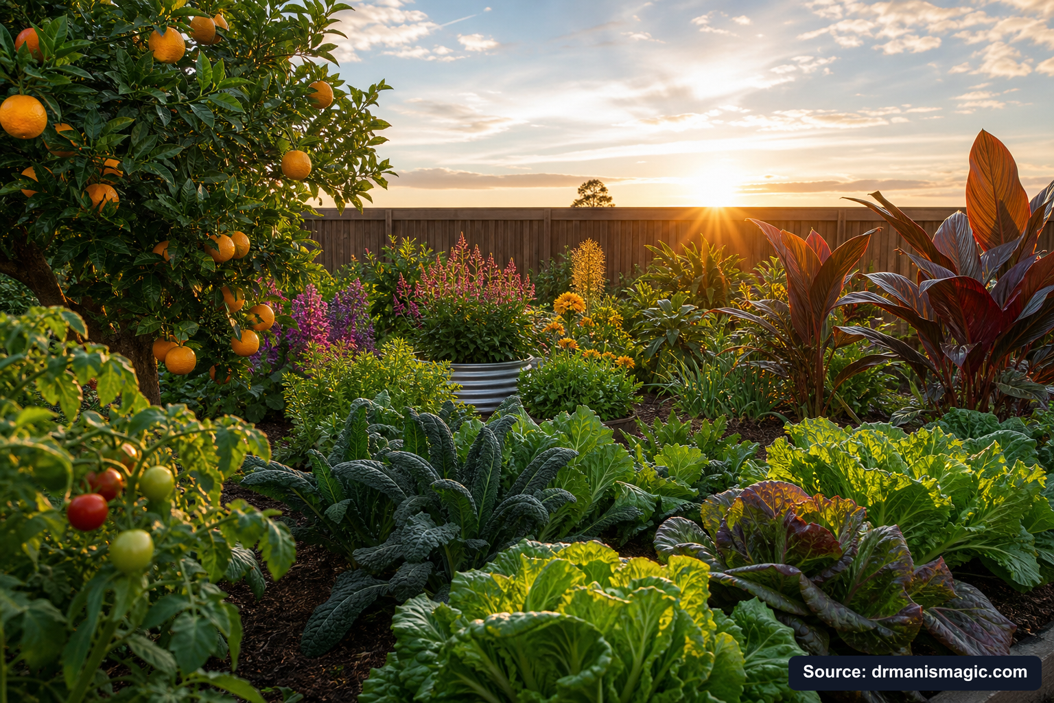 Healthy, well-fed garden plants thriving in golden light