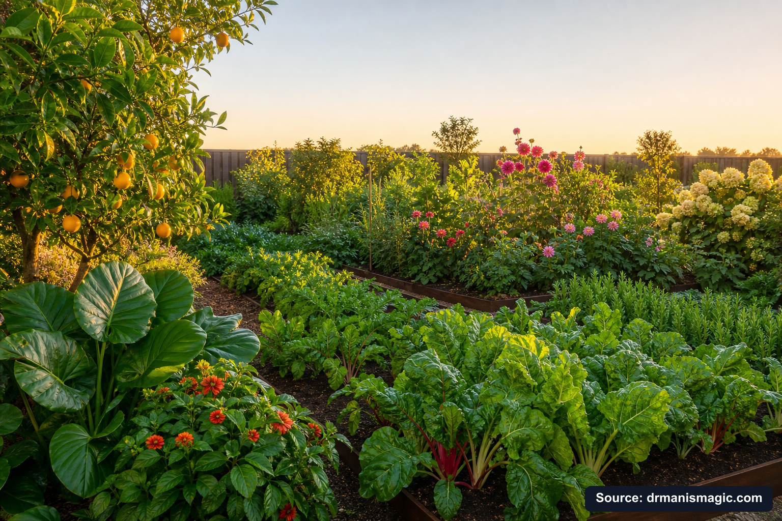 Healthy, well-fed garden plants thriving in golden light