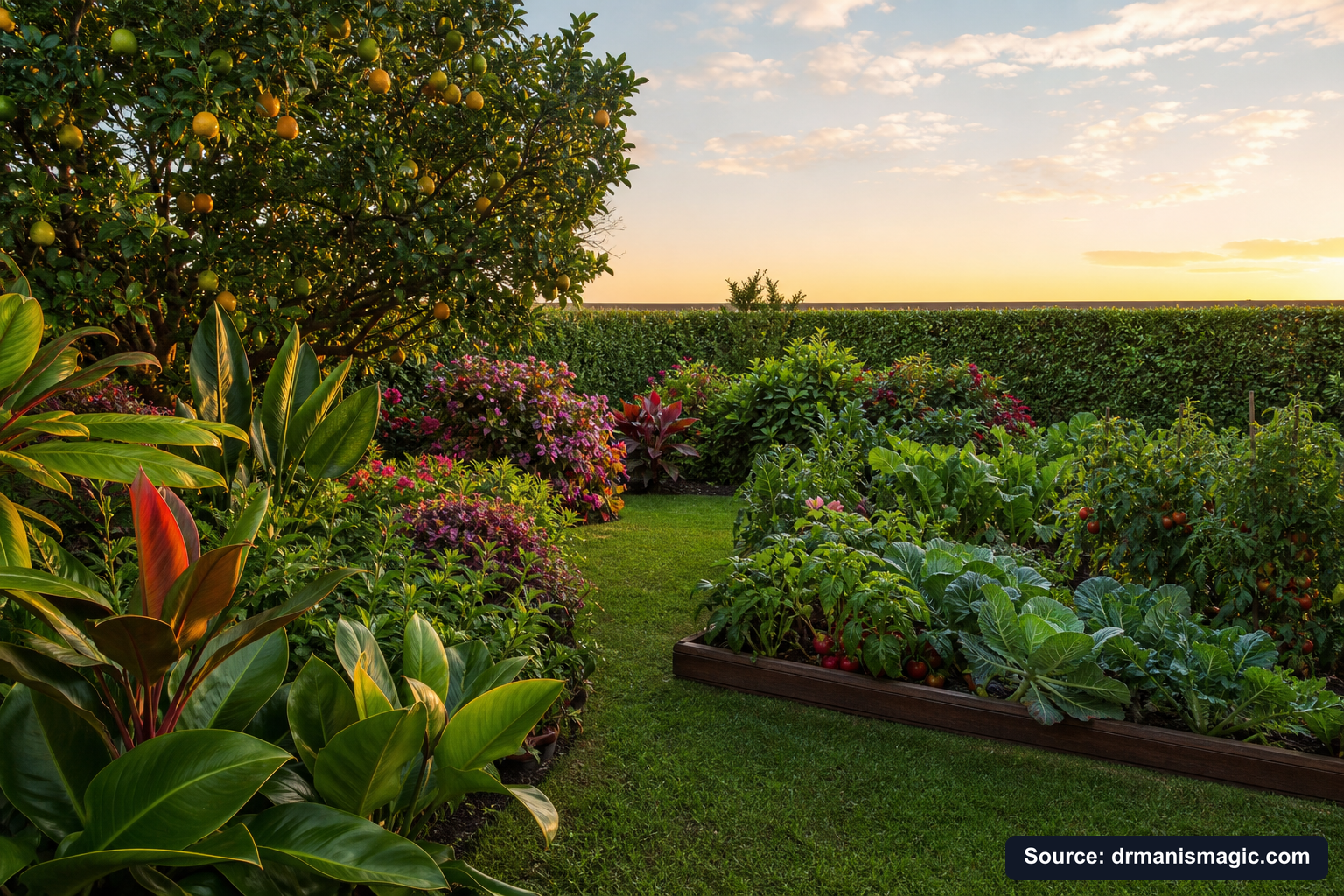 Healthy, well-fed garden plants thriving in golden light