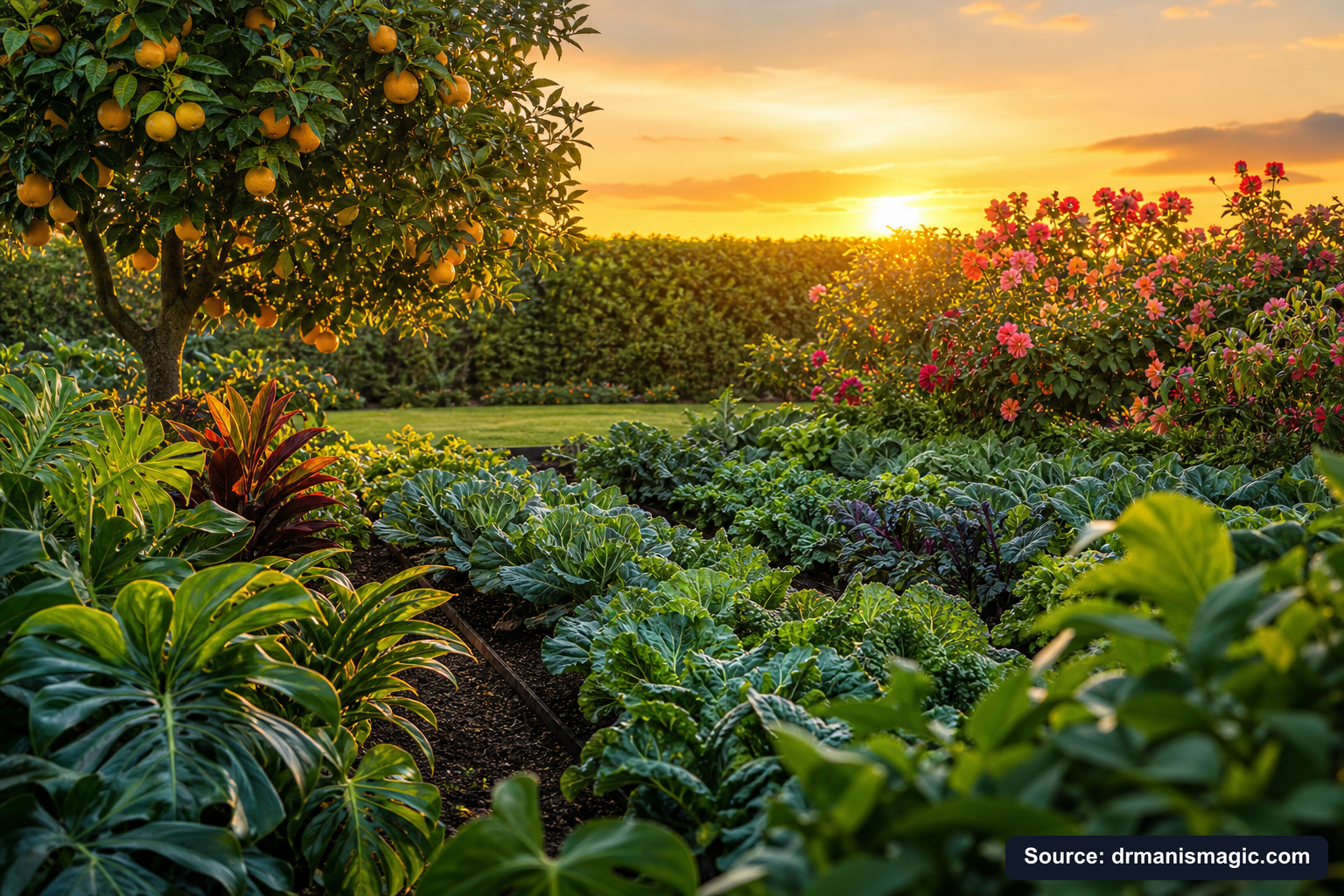 Healthy, well-fed garden plants thriving in golden light