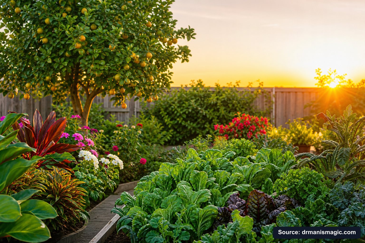 Healthy, well-fed garden plants thriving in golden light