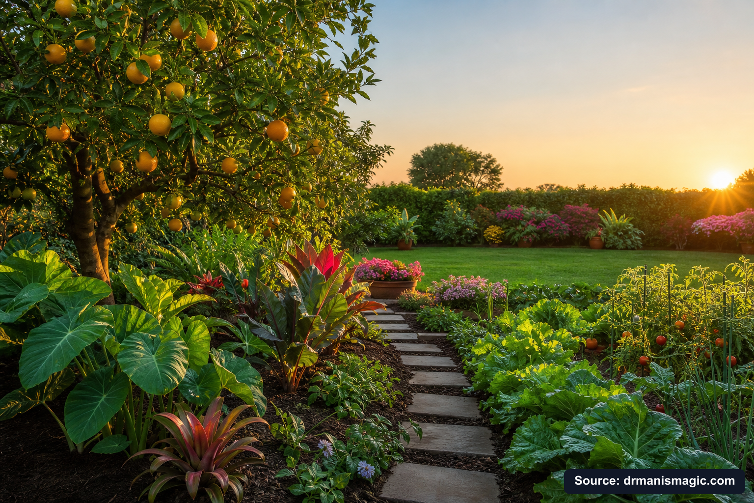 Healthy, well-fed garden plants thriving in golden light