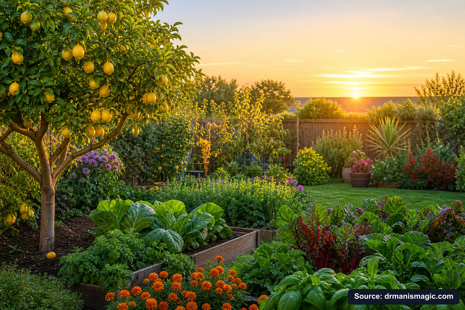Healthy, well-fed garden plants thriving in golden light