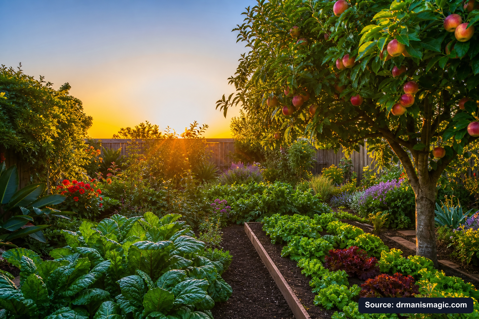 Healthy, well-fed garden plants thriving in golden light