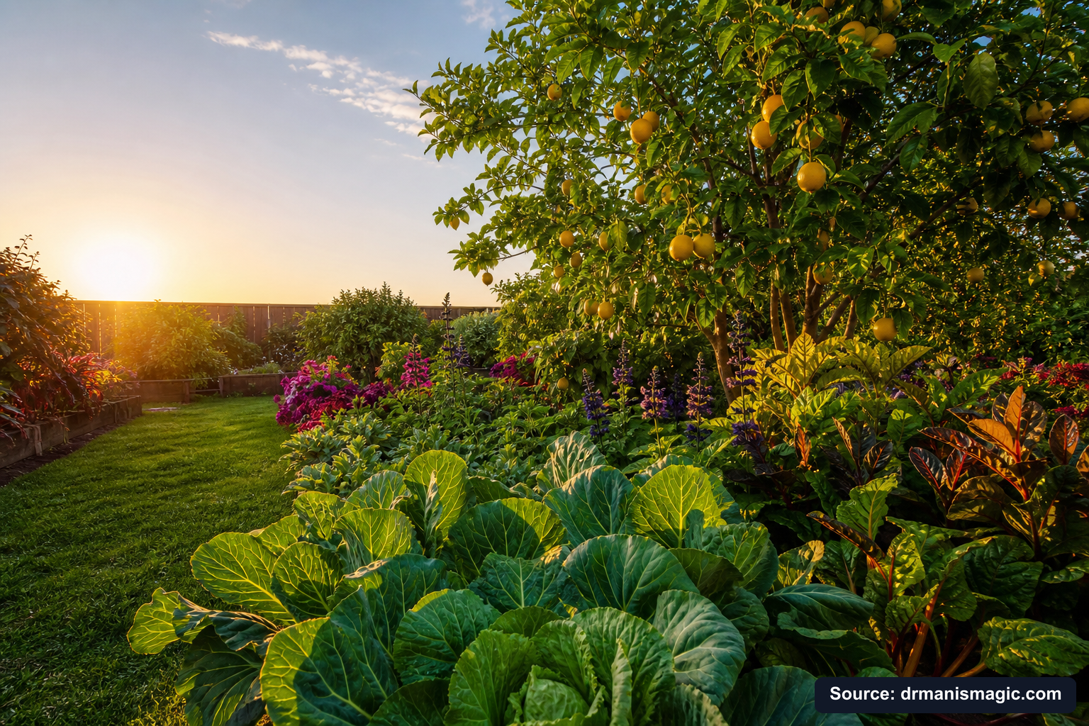 Healthy, well-fed garden plants thriving in golden light