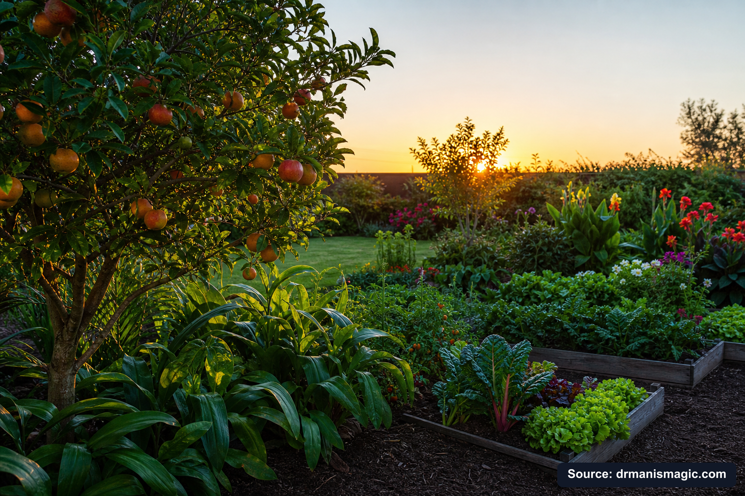 Healthy, well-fed garden plants thriving in golden light