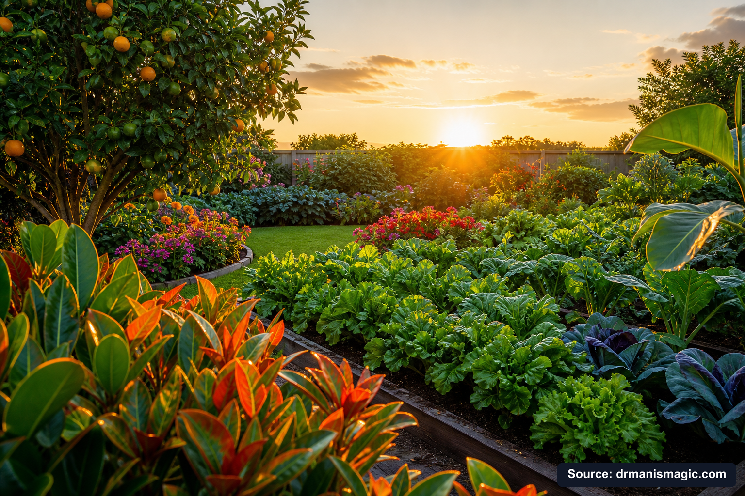 Healthy, well-fed garden plants thriving in golden light