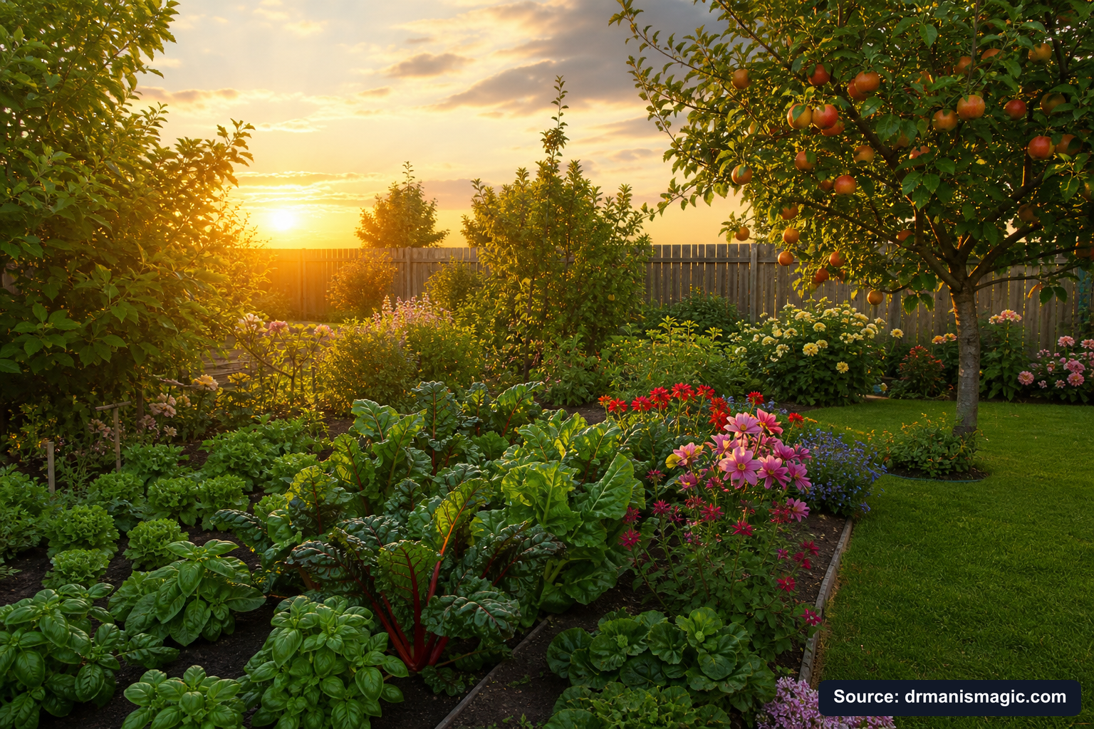 Healthy, well-fed garden plants thriving in golden light