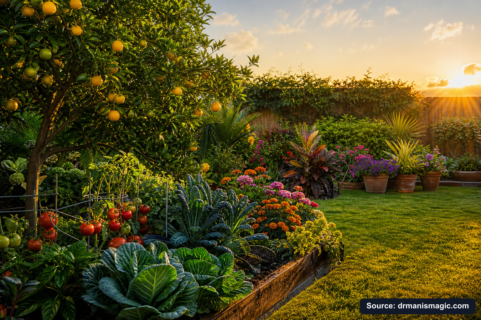 Healthy, well-fed garden plants thriving in golden light