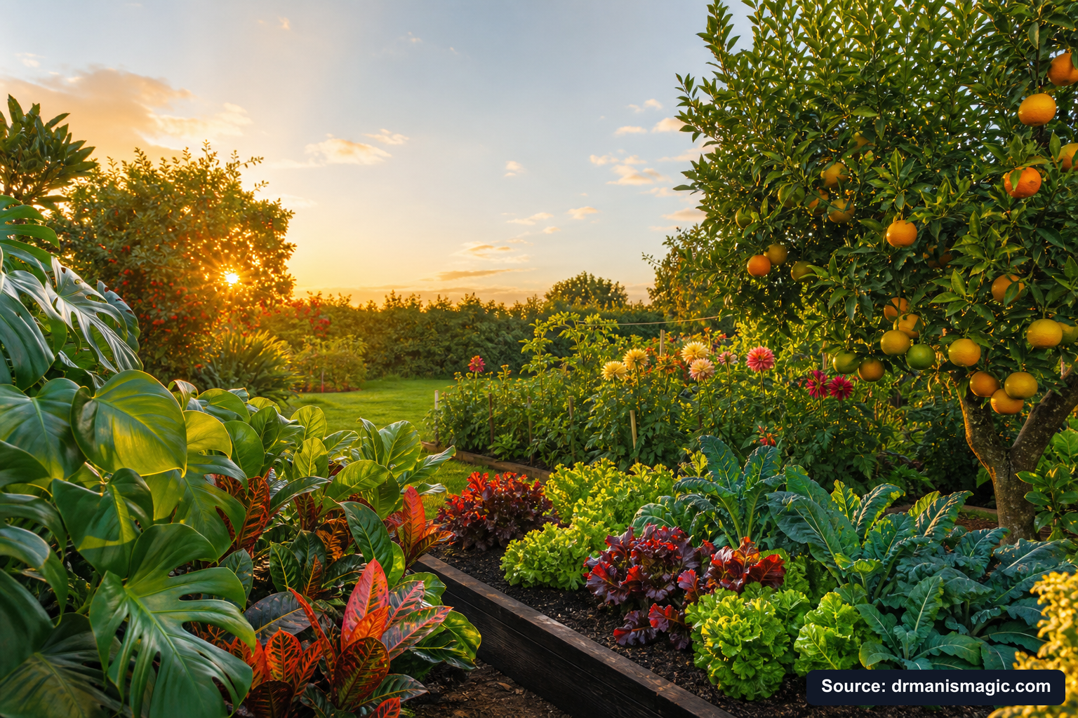 Healthy, well-fed garden plants thriving in golden light