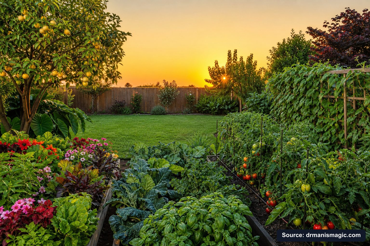 Healthy, well-fed garden plants thriving in golden light